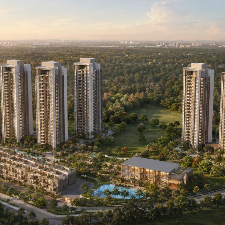 Embassy Sadahalli indicative aerial of the filed programme — Towers 1 to 5 and Towers 6 to 8, the 48 villaments and the standalone clubhouse at Navarathna Agrahara, Jala Hobli